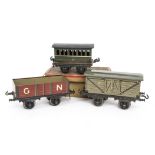 Two Bing Gauge 1 Wagons and a Carette Coach, wagons circa 1906, comprising ref M1361/1 GNR open