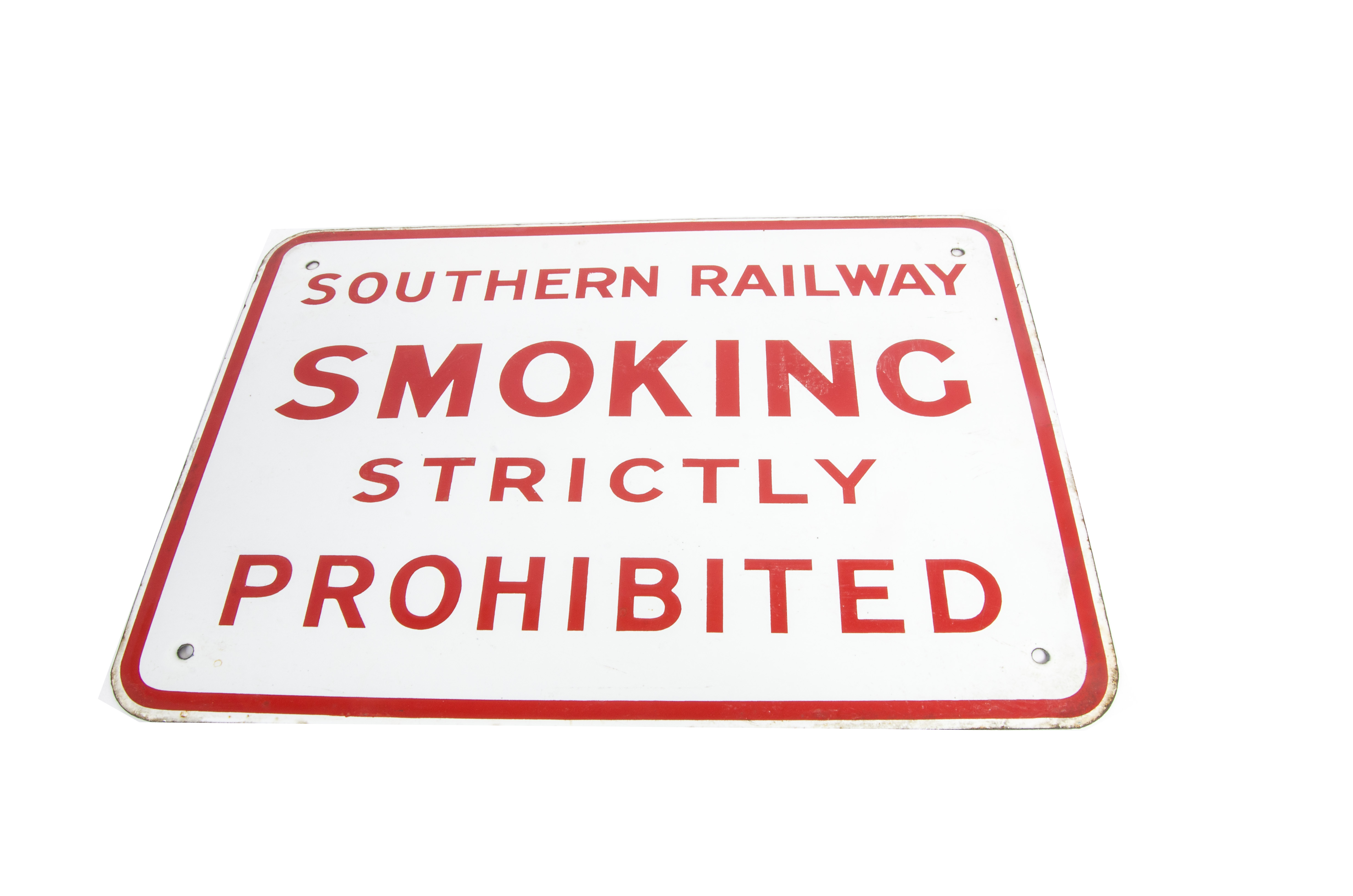 Smoking Strictly Prohibited Sign, a Southern Railway enamelled sign with red text on a white ground,