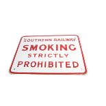 Smoking Strictly Prohibited Sign, a Southern Railway enamelled sign with red text on a white ground,