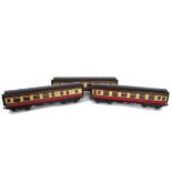 Three Bassett-Lowke O Gauge BR red/cream Coaches, comprising 1st class no 3995, 3rd class no 9272,
