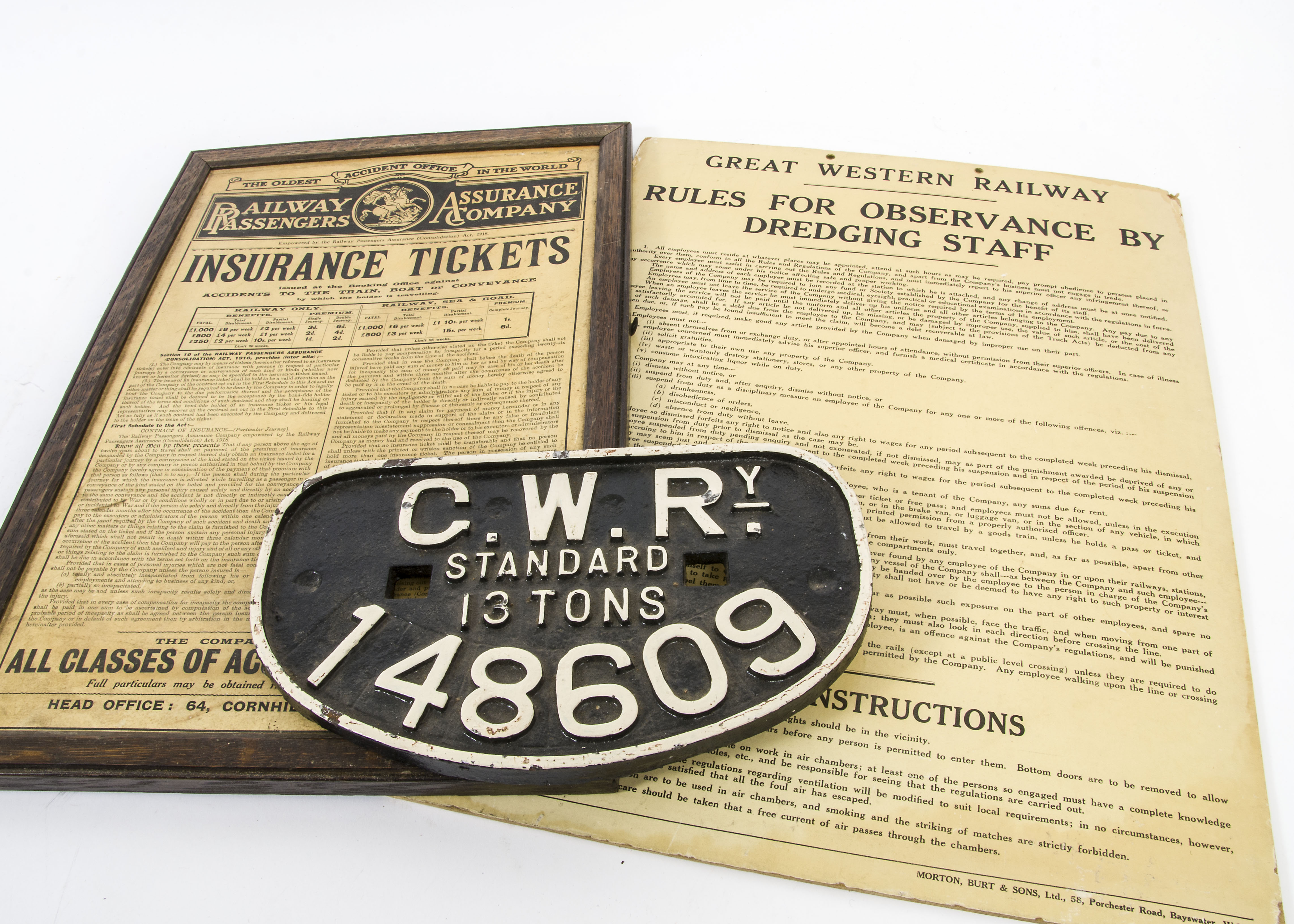 GWR Wagon Plate Notice and Railway Insurance Notice, a cast iron wagon plate inscribed G.W.Ry.