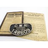 GWR Wagon Plate Notice and Railway Insurance Notice, a cast iron wagon plate inscribed G.W.Ry.