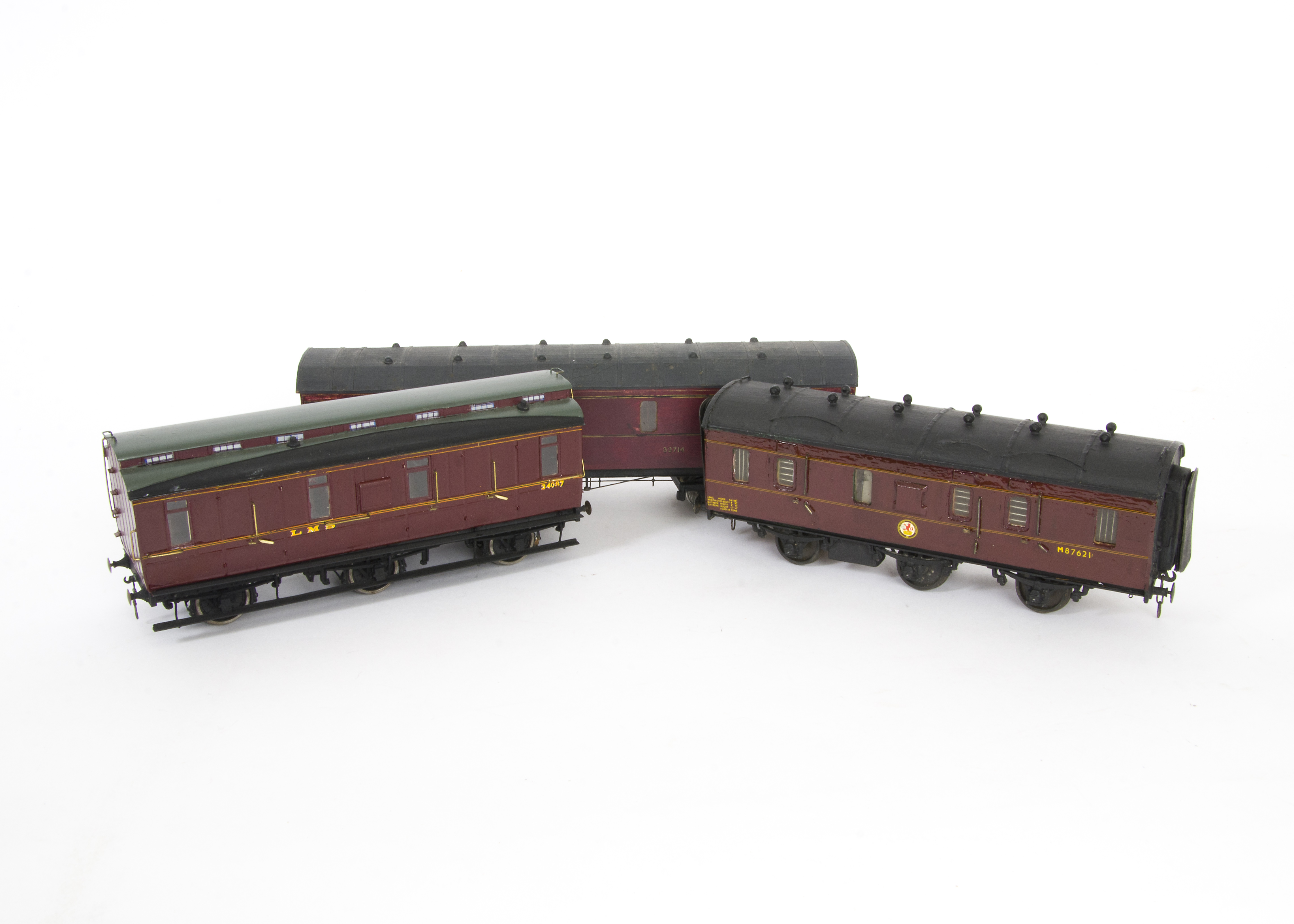 Three Kit/Scratchbuilt Finescale O Gauge LMS/BR (LMR) Full Brake Coaches, comprising wooden-bodied