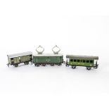 A Buco O Gauge 3-rail Electric Locomotive and Rolling Stock, comprising a green 1-B-1 pantograph