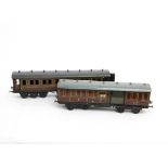 Bassett-Lowke Gauge 1 LMS Dining Saloon and TPO Mail Coach, both in LMS crimson livery, the Dining