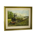 Les Perrin Gouache on Paper, a scene depicting 70013 Oliver Cromwell, under steam with passenger