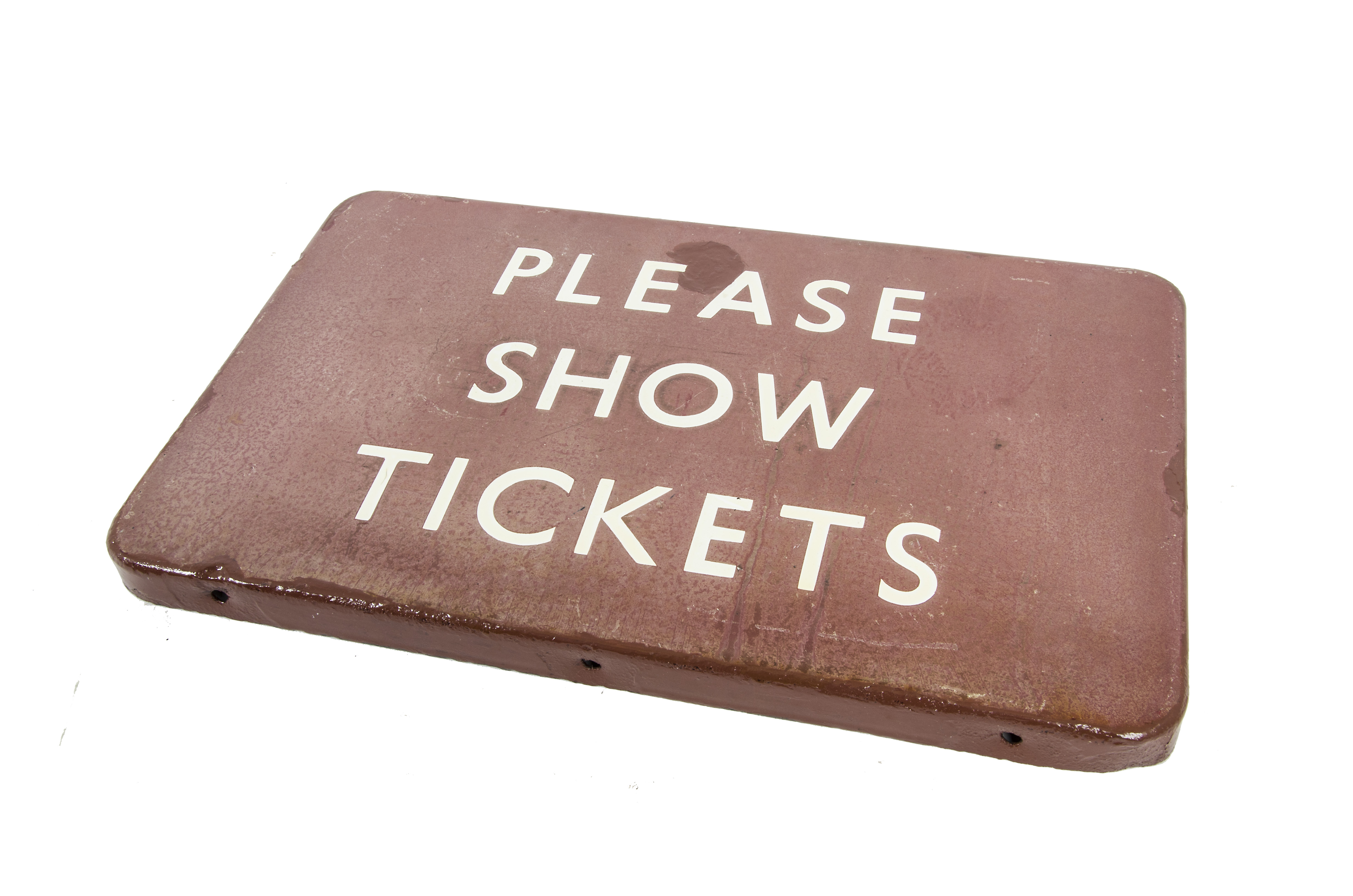 Please Show Tickets Signs, an enamelled duo comprising a BR Southern example wall mounted with white