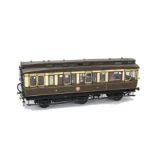 A Finescale O Gauge GWR 6-wheeled 1st Class Clerestory Coach from an 'IKB' Brass Kit, with three