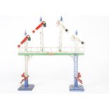 A Hornby O Gauge No 2 Signal Gantry, with 4 home signals, blue base and finials and green lining