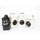Railway Signal Lamps, a group of four lanterns of square form, including three white painted