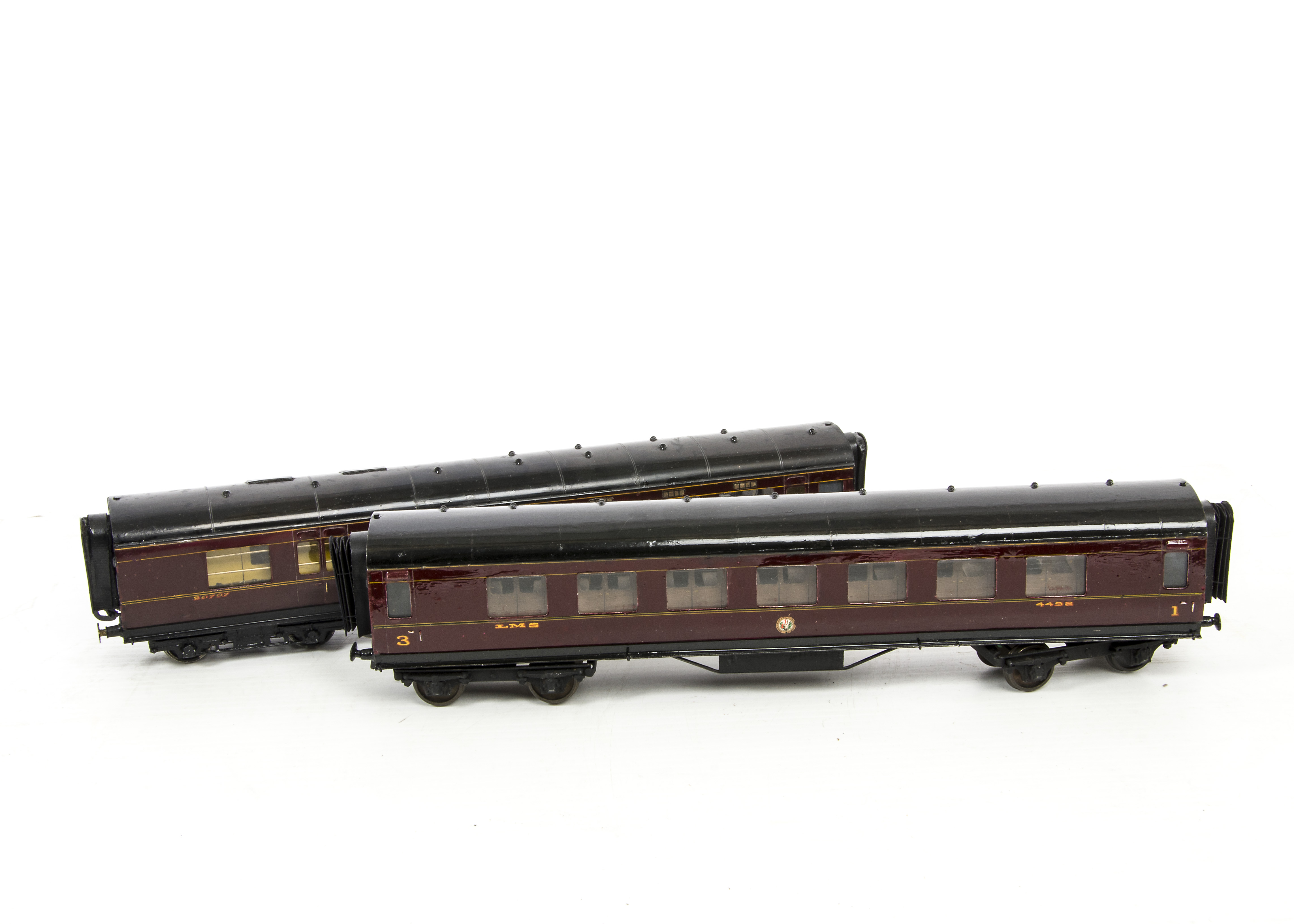 Two Exley or Bond's O Gauge LMS Corridor Coaches, comprising 1st/3rd composite repainted in
