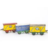 Unboxed Hornby O Gauge Private Owner No 1 Vans, comprising Cadbury's Chocolates with green base, F-