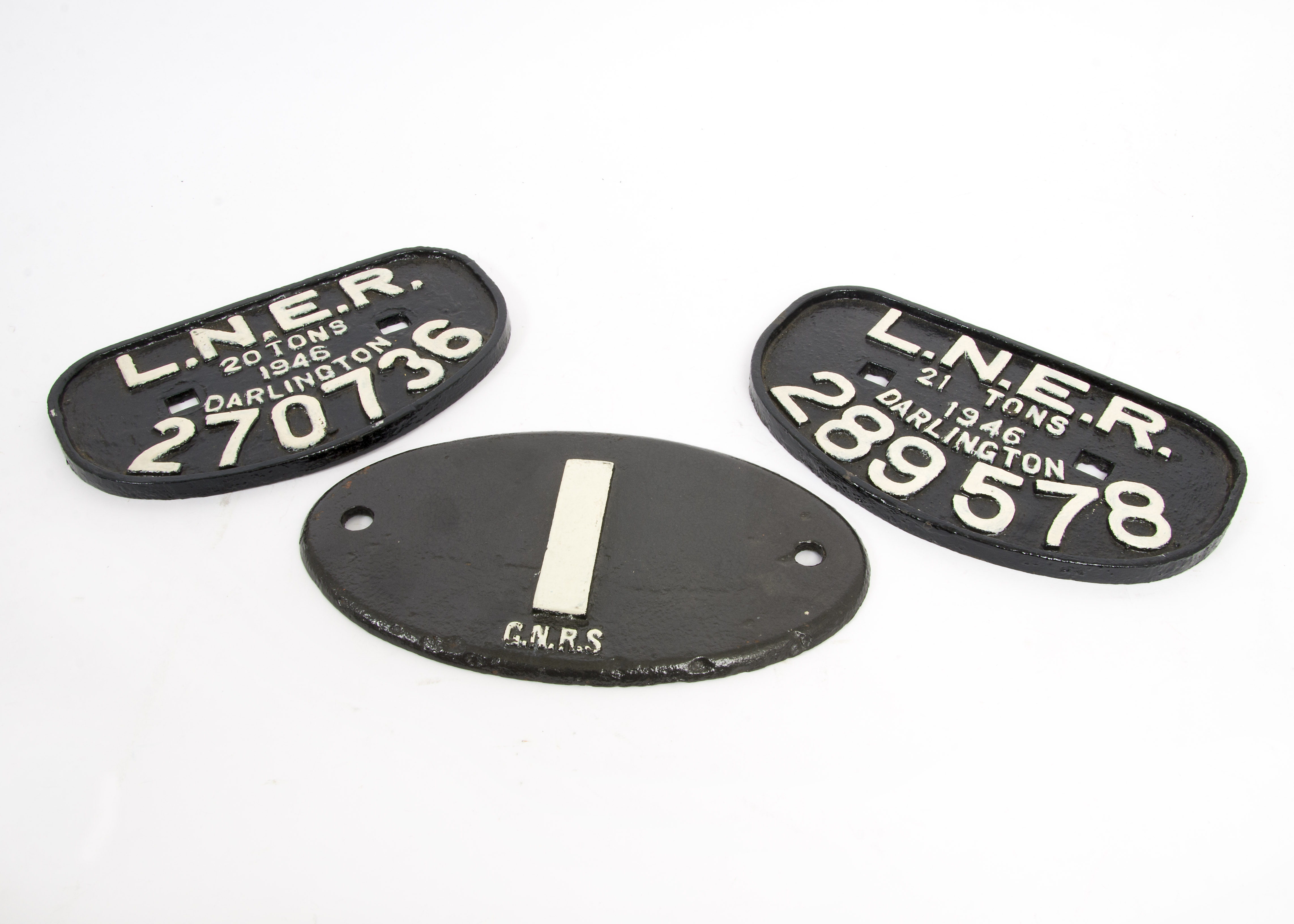 LNER and GNRS Wagon/Bridge Plates, three cast iron examples white lettering on black, comprising two