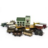 A Collection of Hornby O Gauge Freight Stock Spare Tender and Paya Station, wagons including 3 SR