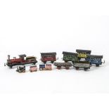 Hess Penny Toy Trains, red engine No 100, red, yellow, blue and green coaches all No 100, open truck