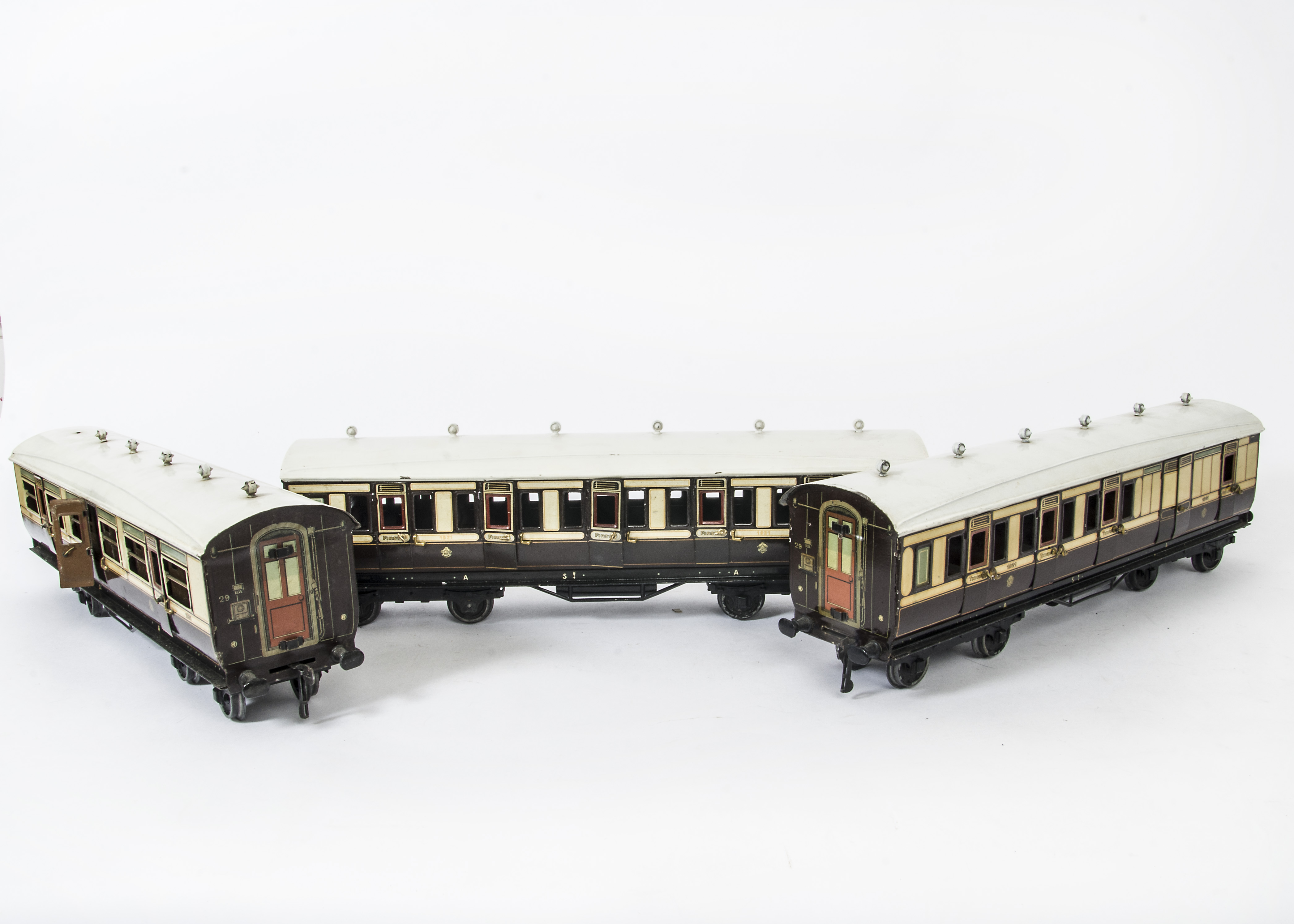 A Rake of Three Bing for Bassett-Lowke Gauge 1 LNWR '1921-series' Coaching Stock, comprising a boxed