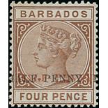 Barbados 1892 ½d. on 4d. deep brown variety surcharge double in red and black, fine mint.