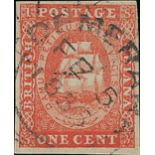 British Guiana 1853 original printing without line above value, 1c. vermilion, four margins, s...