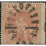 Barbados 1878 1d. on half 5/- dull rose, numeral with straight serif unsevered pair,