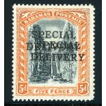 Bahamas Special Delivery Stamps 1916 5d. black and orange variety overprint double, fresh large...