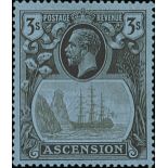 Ascension 1924-33 3/- grey-black and black on blue, fine mint, showing variety 'cleft rock'. A...