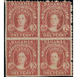 Bahamas 1861-62 no wmk. 1d. lake, fine large part original gum, trial perforation 11½ to 12, b...