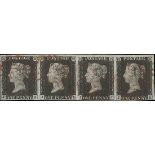 Great Britain 1840 1d. Plate 2, intense black horizontal strip of four,