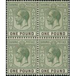 Bahamas 1921-37 Script CA £1 green and black, block of four, fine mint, with one stamp unmount...