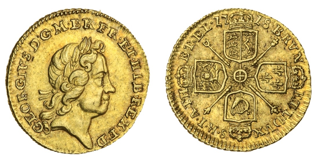 George I (1714-27), Quarter-Guinea, 1718, laureate head right, rev. crowned shields cruciform,...