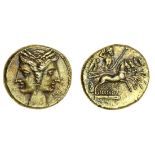 Bruttium, under Carthage (c. 216-211 BC), electrum 3/8-Shekel, 2.98g, Janiform heads, rev. Zeus...