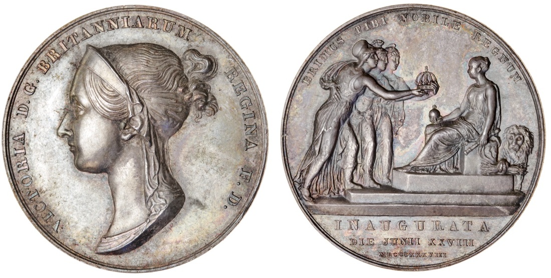 Victoria (1837-1901), Coronation, 1838, silver medal by B. Pistrucci, head left, rev. queen sea...