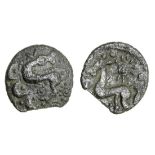 Belgae, silver Unit, 'Danebury Dragon' type, 0.71g, horse left, sun motif above, rev, dragonesq...