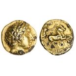 Philip II (c. 359-36 BC), plated AV Stater, 5.10g, cruder laureate head of Apollo right, rev. c...