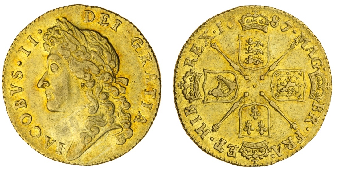 James II (1685-88), Guinea, 1687 over 6, laureate and draped bust left, rev. crowned shields cr...