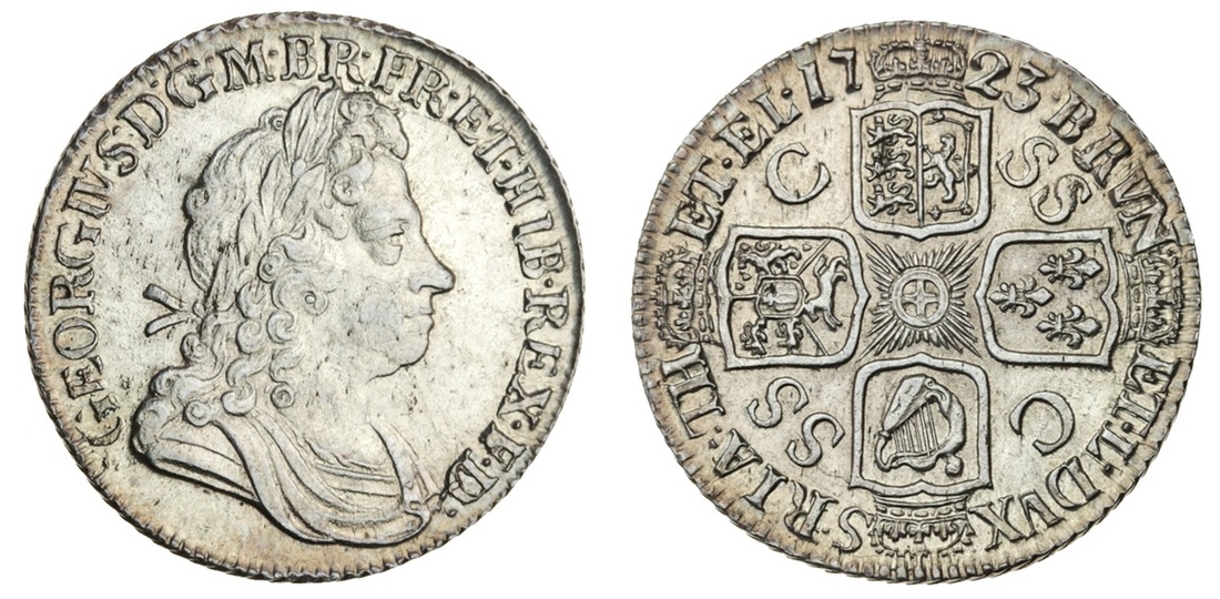 George I (1714-27), Shilling, 1723, first laureate, draped and cuirassed bust right, rev. crown...