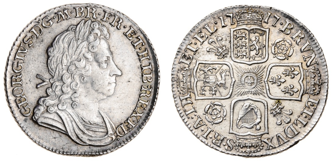 George I (1714-27), Shilling, 1717, first laureate, draped and cuirassed bust right, rev. crown...