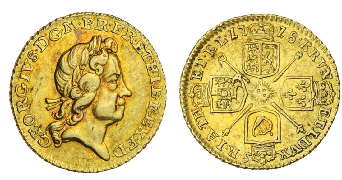 George I (1714-27), Quarter-Guinea, 1718, laureate head right, rev. crowned shields cruciform,...