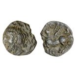 Catuvellauni, Andoco (c. 20-5 BC), silver Unit, 0.88g, bearded head left, rev. Pegasus left, an...