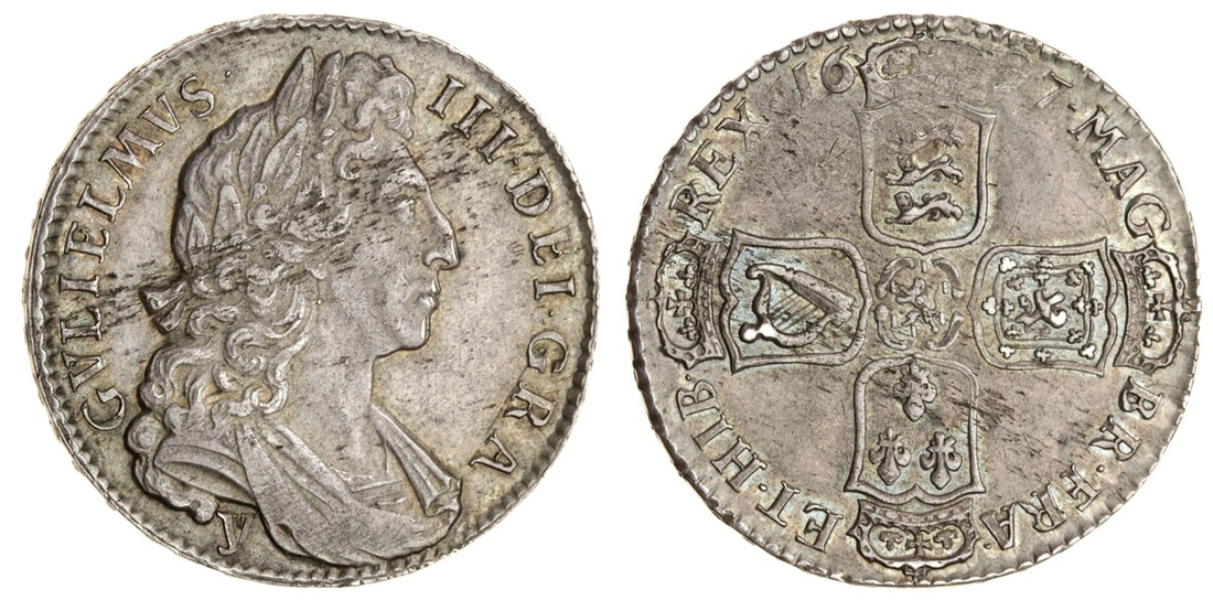 William III (1694-1702), Halfcrown, 1697 nono, York, first laureate, draped and cuirassed bust...