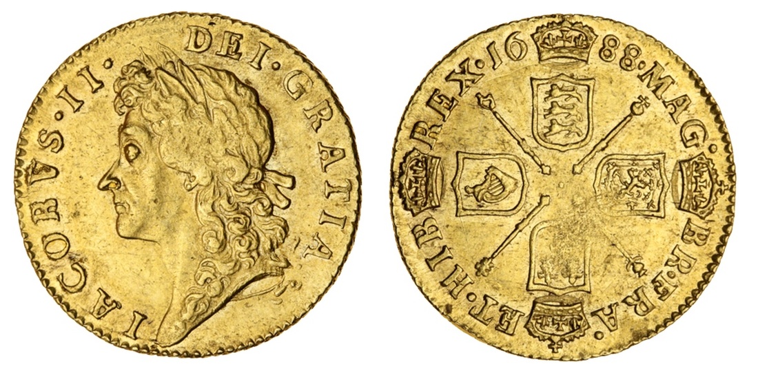 James II (1685-88), Half-Guinea, 1688, laureate and draped bust left, rev. crowned shields cruc...