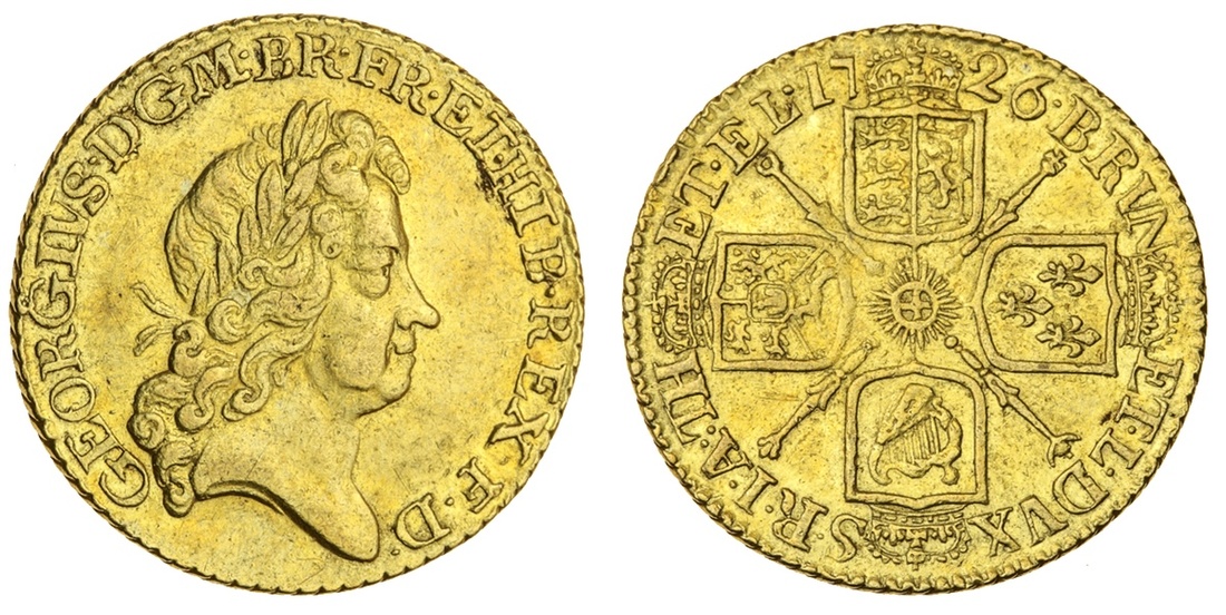 George I (1714-27), Guinea, 1726, fifth laureate head right, rev. crowned shields cruciform, sc...