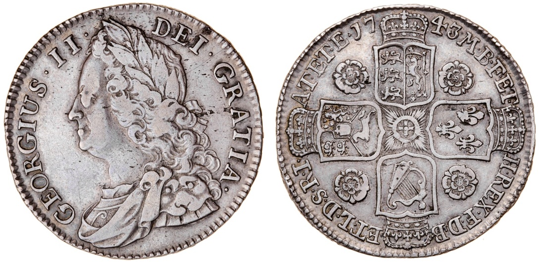 George II (1727-60), Halfcrown, 1743, decimo septimo, second laureate, draped and cuirassed bus...