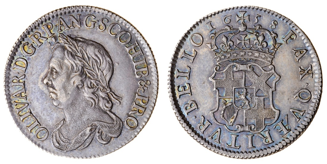 Cromwell, Shilling, 1658, laureate and draped bust left, rev. crowned garnished shield (ESC 165...