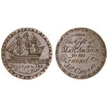 "Success to the Grand Duke", engraved Copper Halfpenny token, 1804, 10.38g, ship sailing left,...