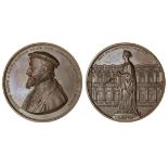 Opening of the Royal Exchange, 1844, bronze medal, Sir Thomas Gresham left, rev. statue of Quee...