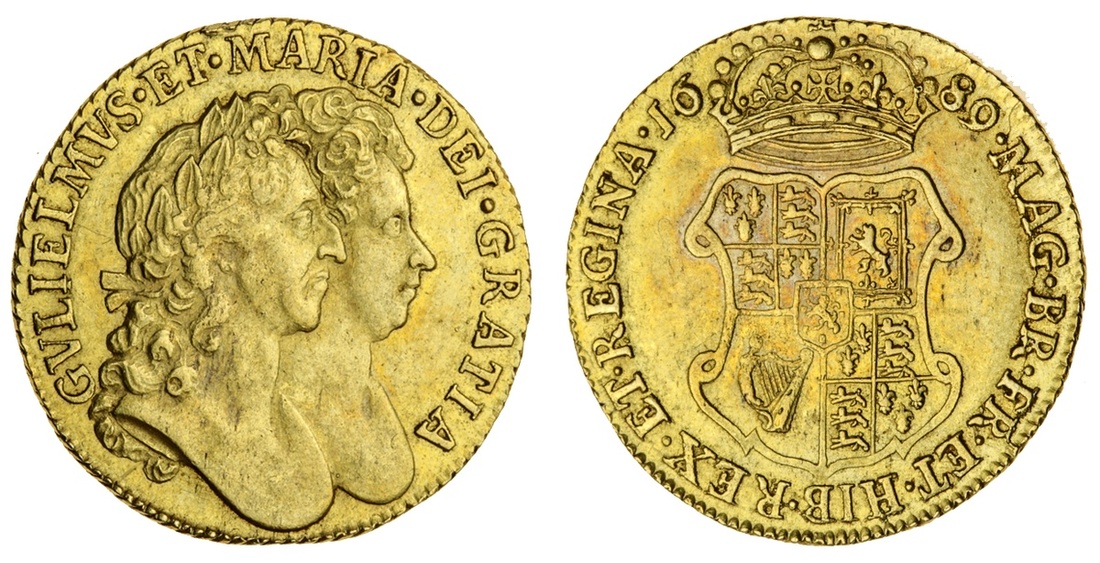 William and Mary (1688-94), Guinea, 1689, conjoined laureate busts right, rev. crowned garnishe...