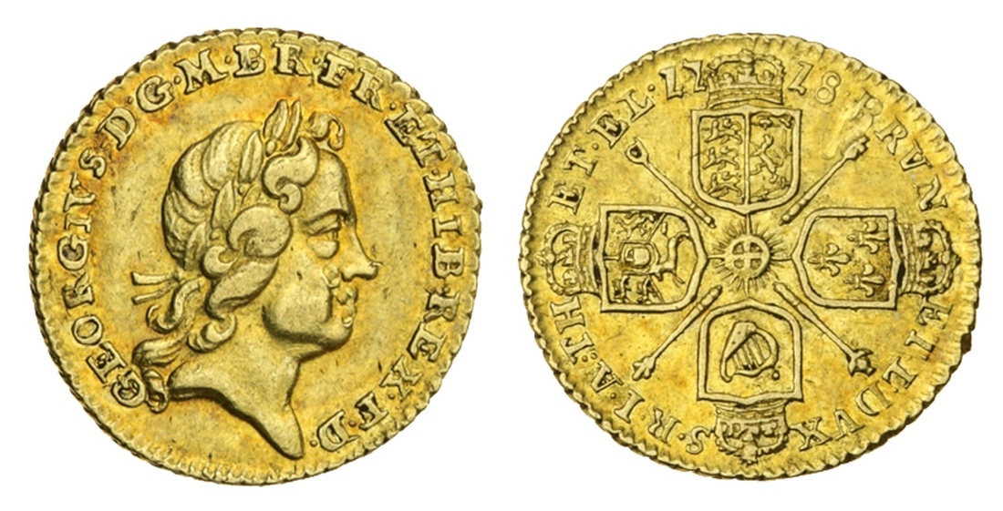 George I (1714-27), Quarter-Guinea, 1718, laureate head right, rev. crowned shields cruciform,...