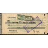 Anglo-Palestine cheque currency, 20 francs, ND (1914-1915), second series, serial number 07474,...