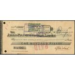 Anglo-Palestine cheque currency, 100 francs, ND (1914-1915), second series, serial number 19824...