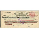 Anglo-Palestine cheque currency, 50 francs, ND (1914-1915), third series, Safed branch with Heb...